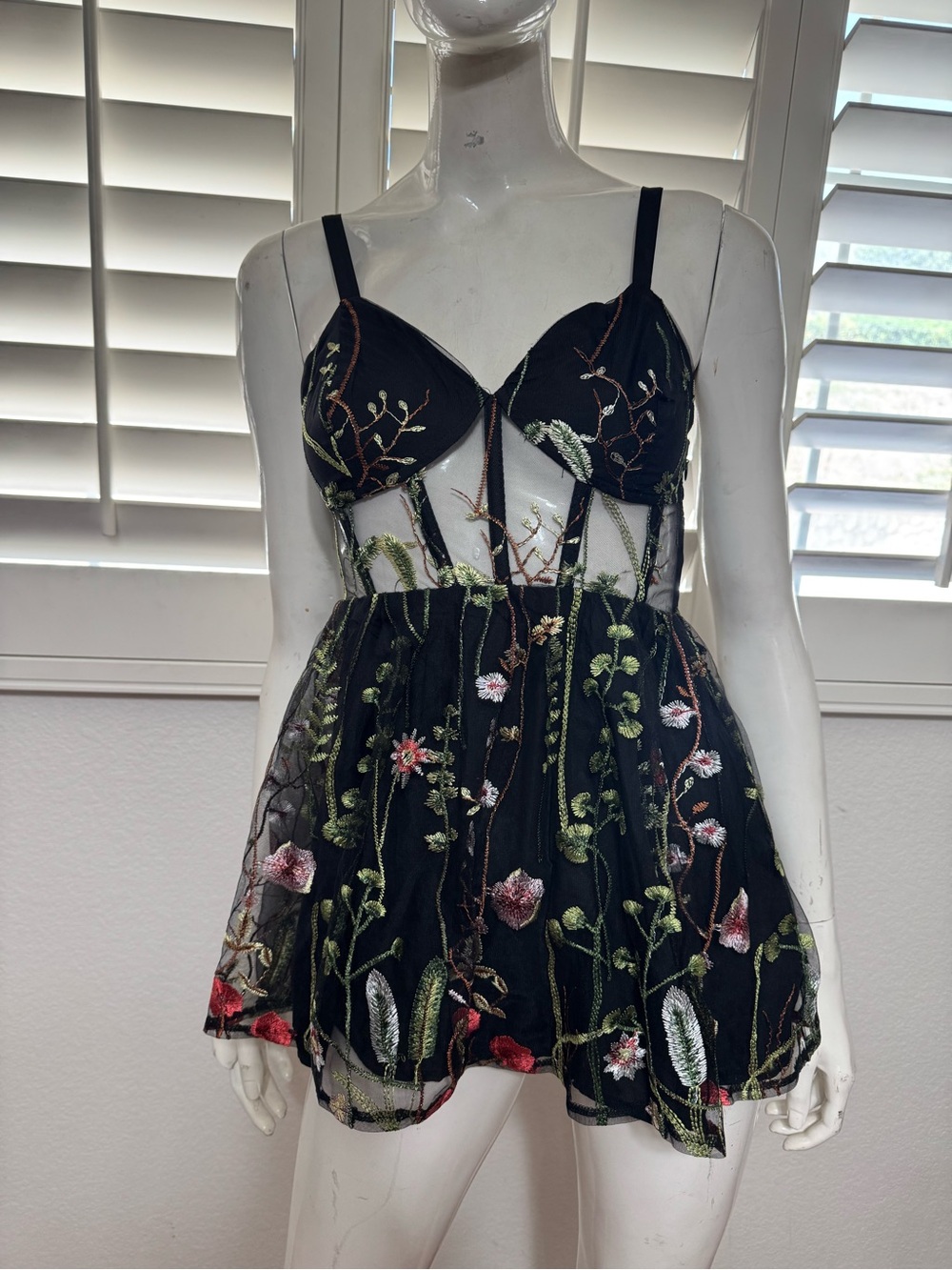 New S black floral embroidered mini dress boho festival rave cocktail cottage